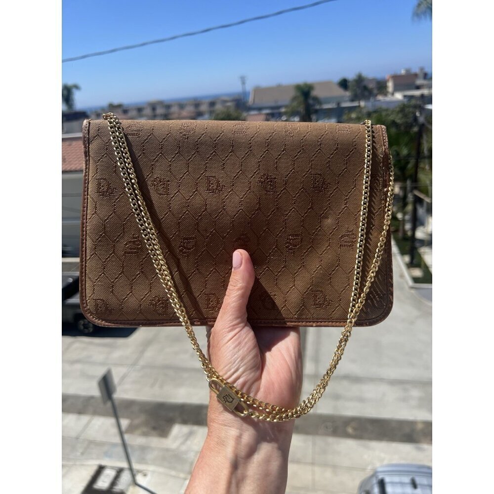 Vintage 70s Christian Dior beige Monogram Canvas leather shoulder bag gold chain - Picture 4 of 16